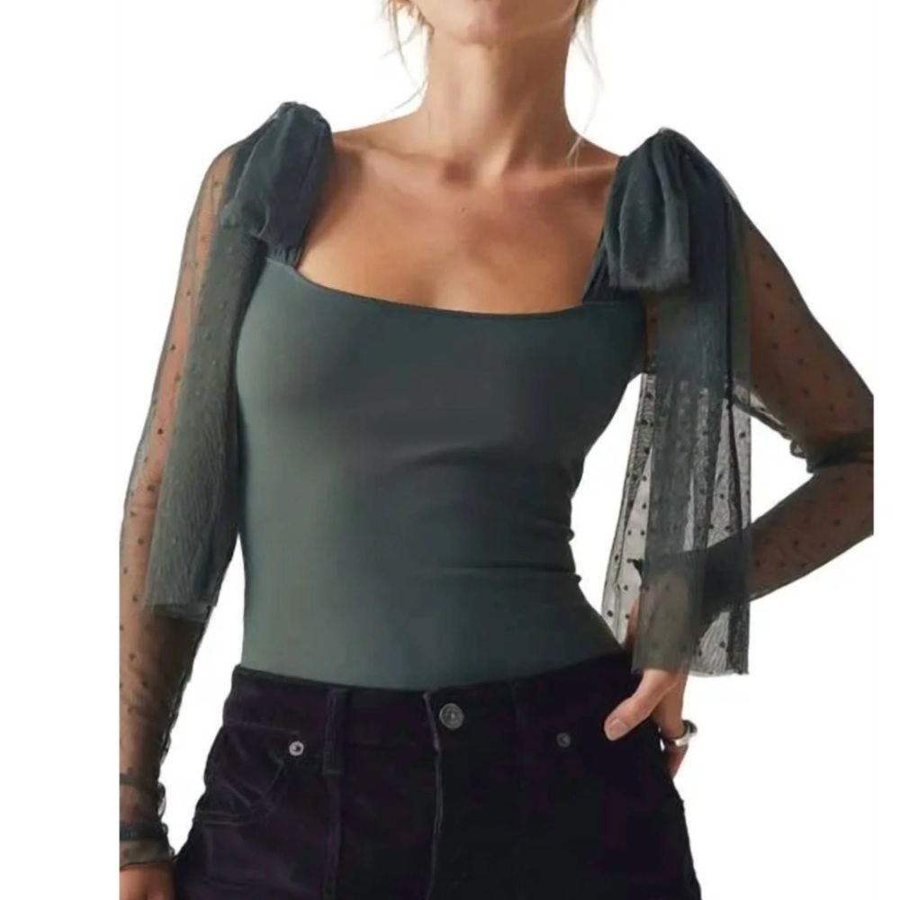 Free People Dark Green Sheer Sleeve Bodysuit
